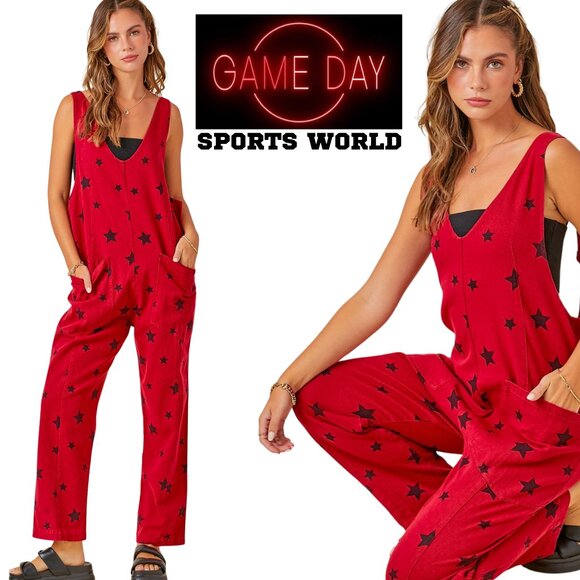 RED & BLACK Star Print One-Piece College Pro Fan GAMEDAY DENIM Onesie Jumpsuit - Picture 1 of 11